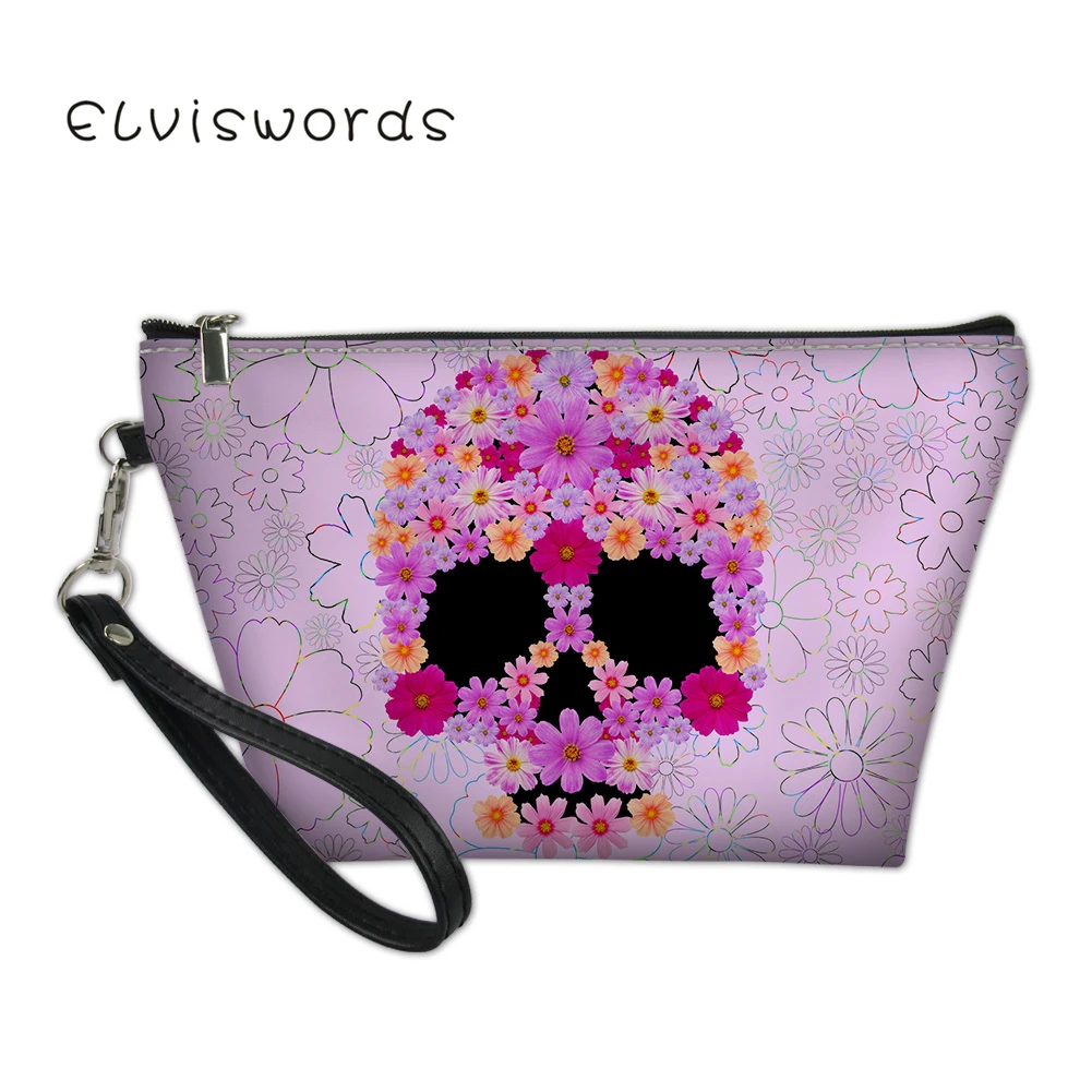 

ELVISWORDS Floral Skull Printed Cosmetic Bag Women Fashion Leather Makeup cases Necessaries Pouch Lady Toiletry Organizer Kit