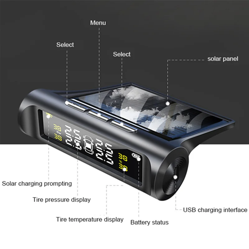 TPMS Car Tire Pressure Gauge Monitoring System TMPS Digital Display Tyre Pressure Sensor System Solar Charge Car Security Alarm