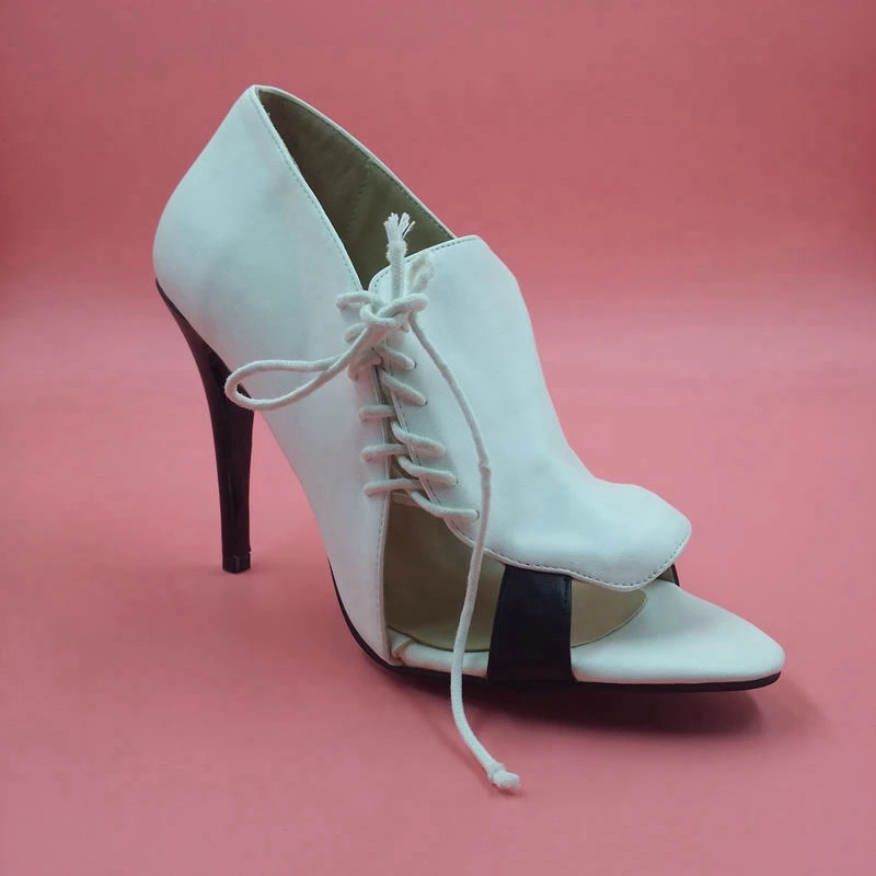 Office Lady Pumps White Side Lace Up Open Toe Summer Thin High Heels