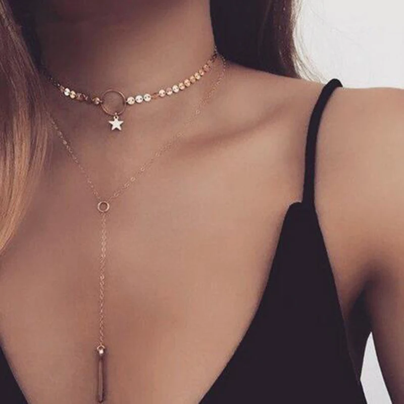 

2018 Hot Sale Gold Silver Sequins Long Tassel Star Choker Necklace Accessories For Women Jewelry Double Layer Chokers Halloween