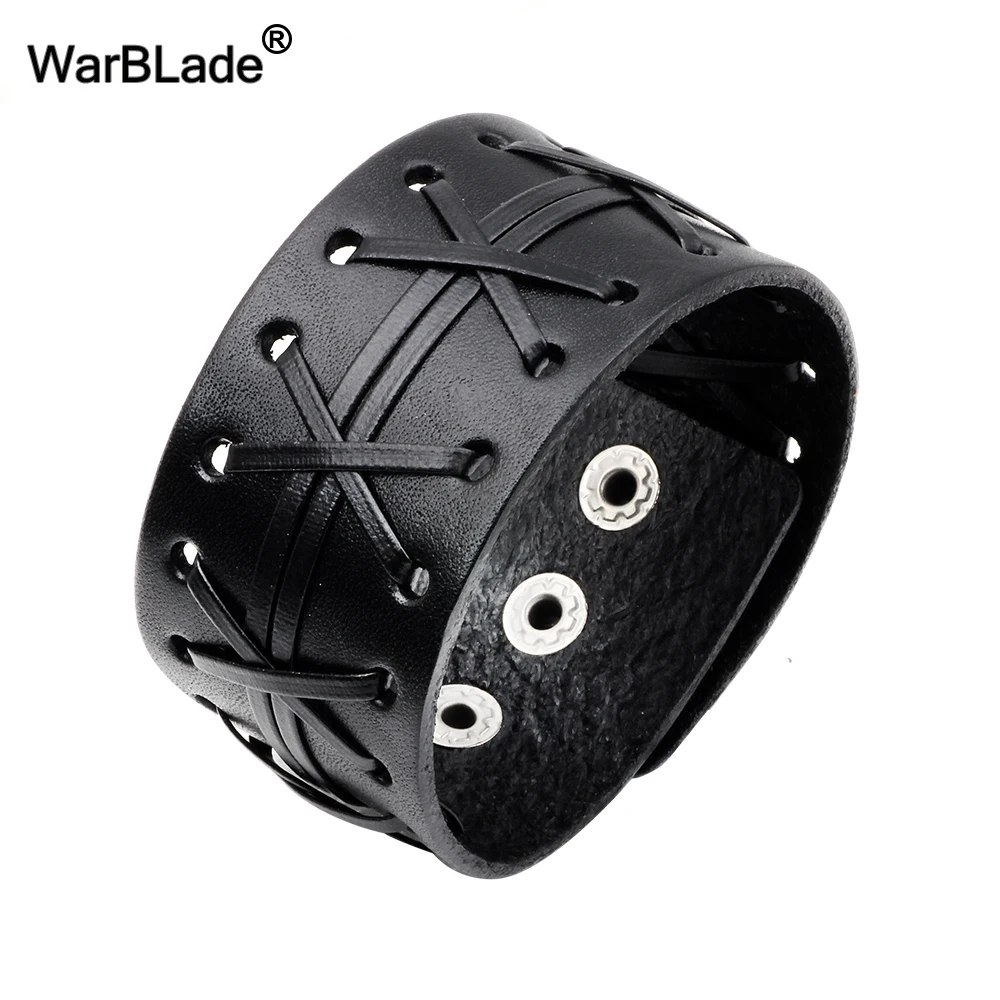 WarBLade 2018 New Fashion Men’s Genuine Leather Wide Bracelets Bangles Men Wrap Bracelet Punk Cuff Wristband For Women Jewelry