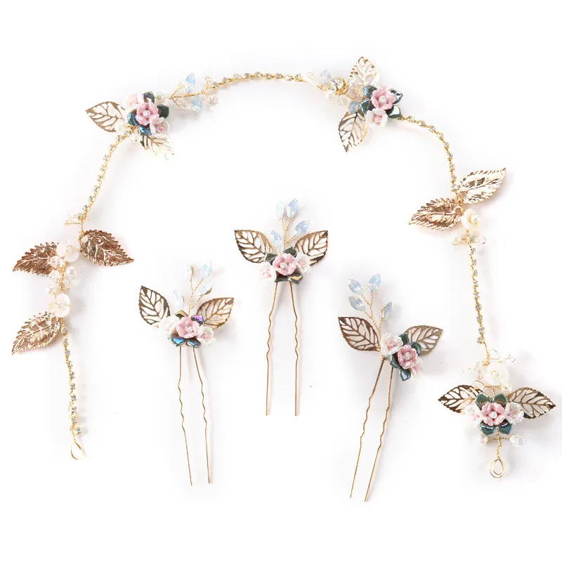 

Women Beauty Flower Hair Jewelry Ladies Colorful Ceramics Floral Headband Hair Pins Set Bridal Wedding Chic Hair Accessories