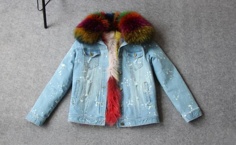 Новое модное женское зимнее пальто воротник мех енота Куртка деним подклад мех лисы бренд стиль парка
