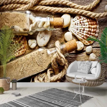 

Else Brown Wood Sand Bottle Ropes Sea Shells 3d Photo Cleanable Fabric Mural Home Decor living Room Bedroom Background Wallpaper