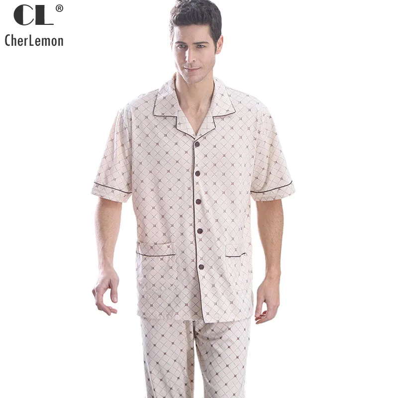 Summer Men Pajama Sets Cotton Pajamas Geometric Short Sleeve Sleepwear