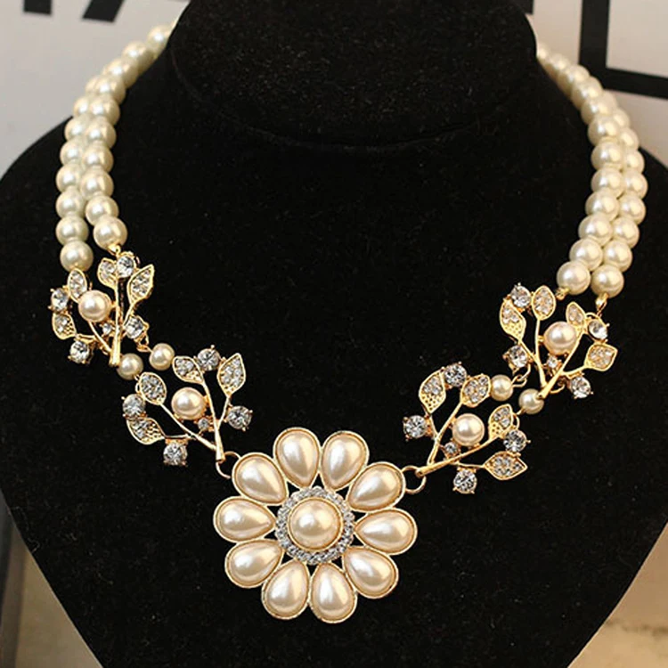 

New Brand Imitation Pearl Jewelry Bib Crystal Choker Flower Statement For Women Luxury Pandent Necklace Boutique