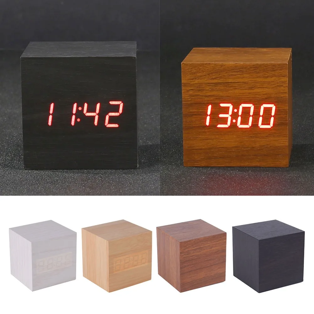 

Nordic Cube Wood Sensor Clock Led Display Digital Alarm Clock Thermometer Calendar Show USB Sound Control Table Desk Clocks