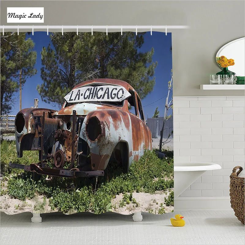 Fabric Shower Curtain Vintage Old Cars Trees Greenery Automobile Route