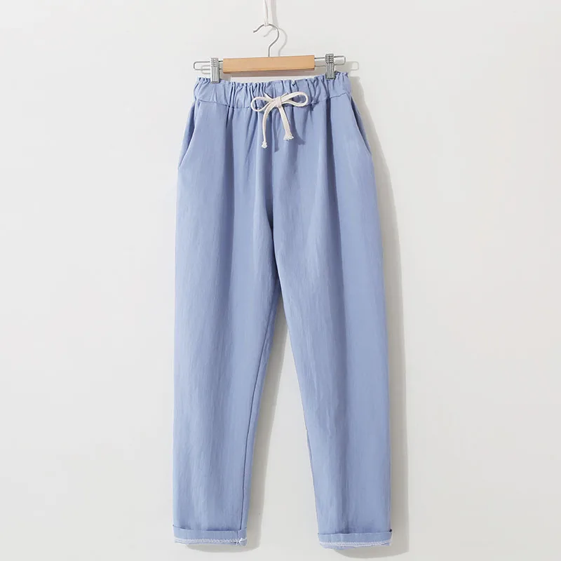 Obrix Loose Light Cotton Casual Style Female Pants Streetwear Sporty Regular Drawstring Elastic Waist Trousers For Everyday Wear - Цвет: Light Blue