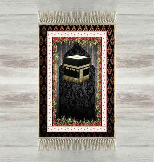 Еще черный пол Каабы красные цветы 3d турецкий исламский мусульманский молитвенные коврики кисточками Нескользящие современный молитвенный коврик Рамадан ИД подарки