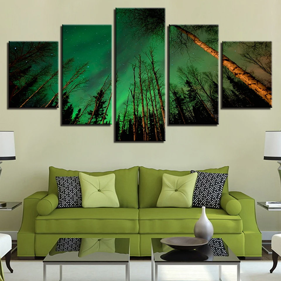 

Canvas Poster Living Room Decor Framework 5 Pieces Forest Aurora Scenery Pictures Green Trees Painting Wall Art HD Print Picture