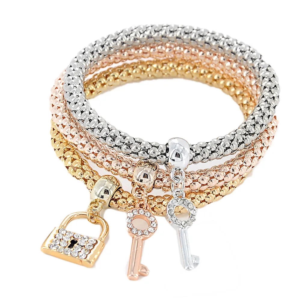 Fashion 3Pcs/Lot Gold Silver Plated Crystal Lock Key Bracelet For Women