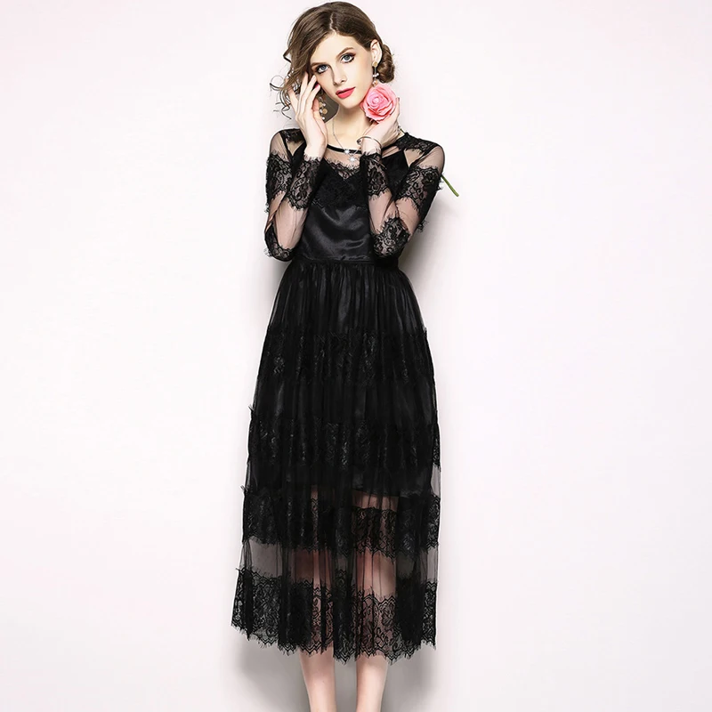 ZJYT Ladies Women Midi Transparent Sexy Black Lace Dress Party Dresses Long Sleeved Fashion Casual Simple Summer Female | Женская одежда