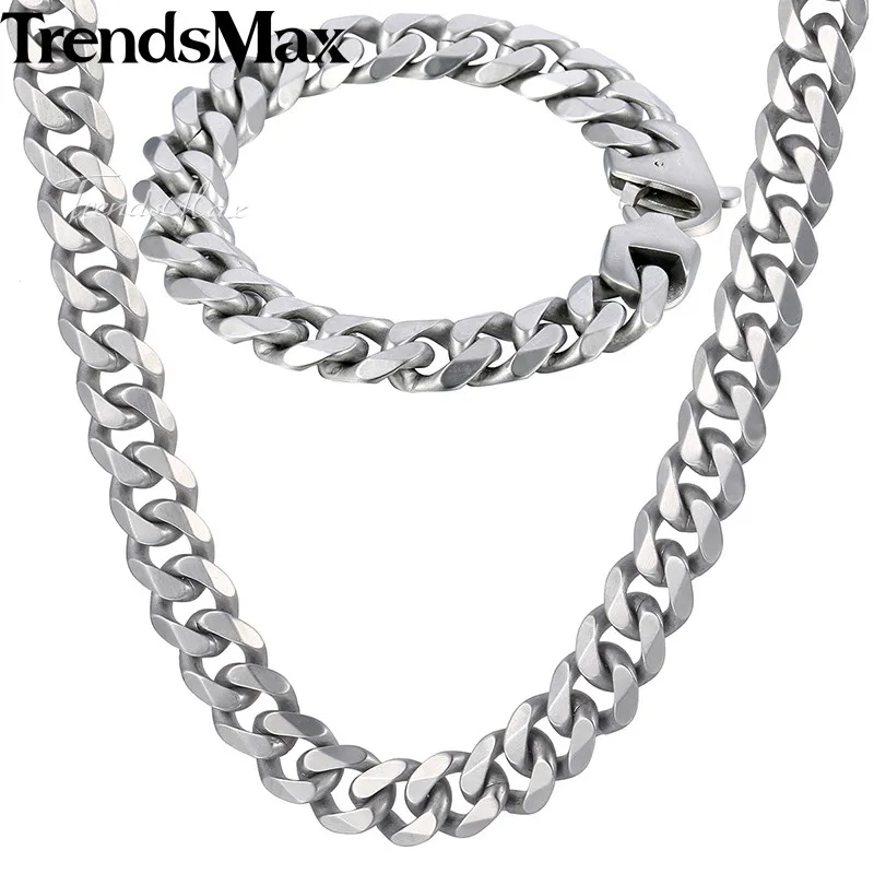 Trendsmax Matte Jewelry Set Mens Necklace Bracelet 316L Stainless Steel Chain Silver Tone Curb Cuban Link HS42
