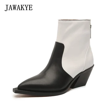 

Genuine Leather Pointy Toe Ankle Boots Women Back zipper Chunky High Heels Black white patchwork Winter Shoes Motorcycle Boots