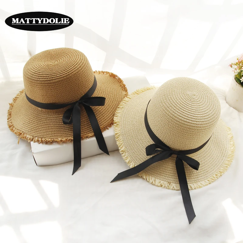 

MATTYDOLIE Summer domed straw hat ladies' travel leisure beach sun hat breathable fashionable bow tie girl's hat can be folded