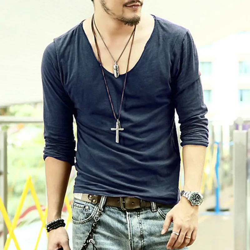 New Autumn Brand Mens T shirts Long Sleeve Pure Color