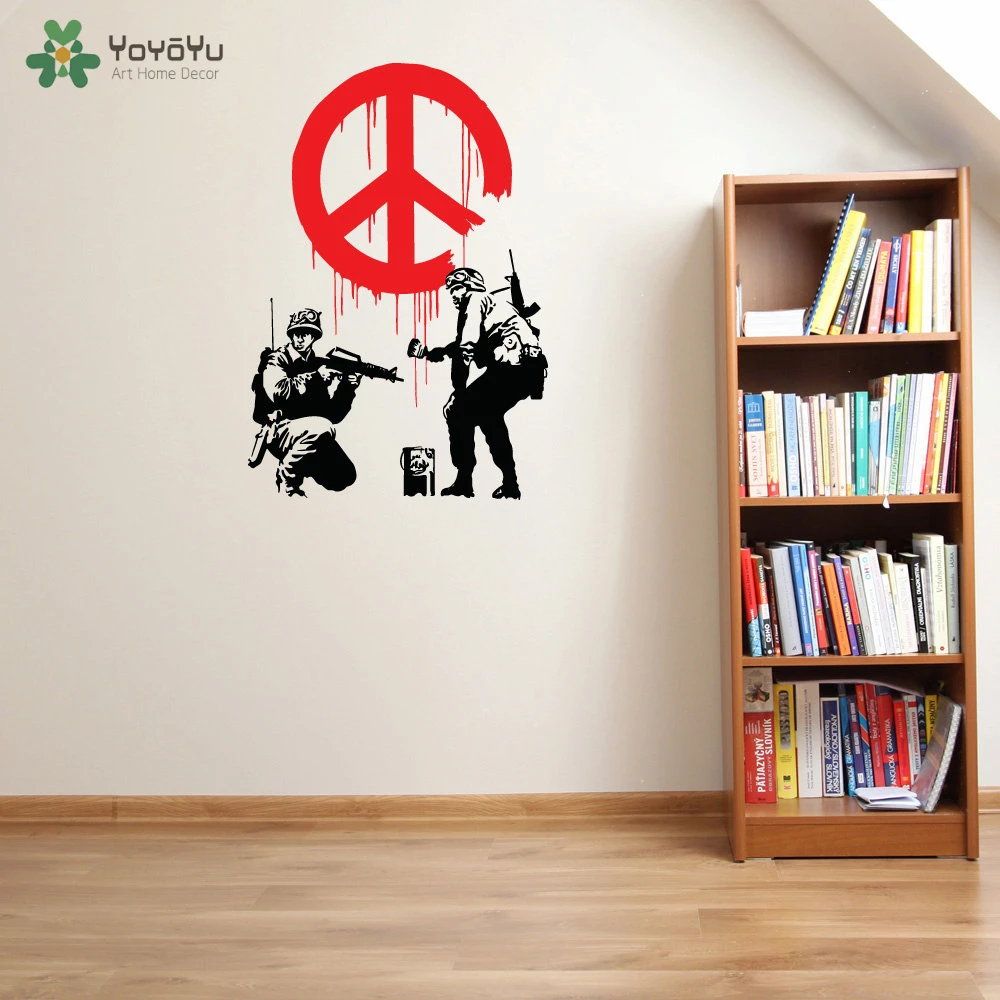 

Wall Decal Vinyl Sticker Banksy Peace Propaganda Peace symbols With Soldier Home House Art Decoration Poster Mural Design WW-416