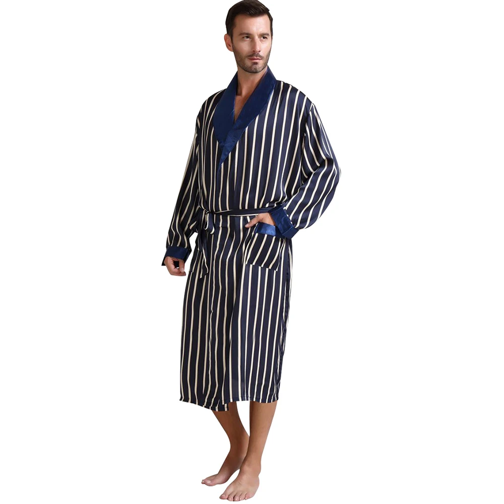 Мужские шелковые атласные пижамы халат халаты Ночная Рубашка домашняя одежда США S M L XL 2XL 3XL плюс полосатый_ подарки