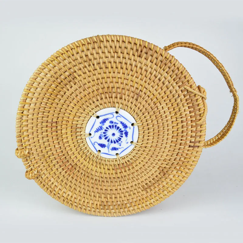 Women Straw Bag Circle Summer Female Beach Bag Porcelain Design Travel Lady Handbag Rattan Tote Knitted Hand Bag Handmade SS3014 (2)