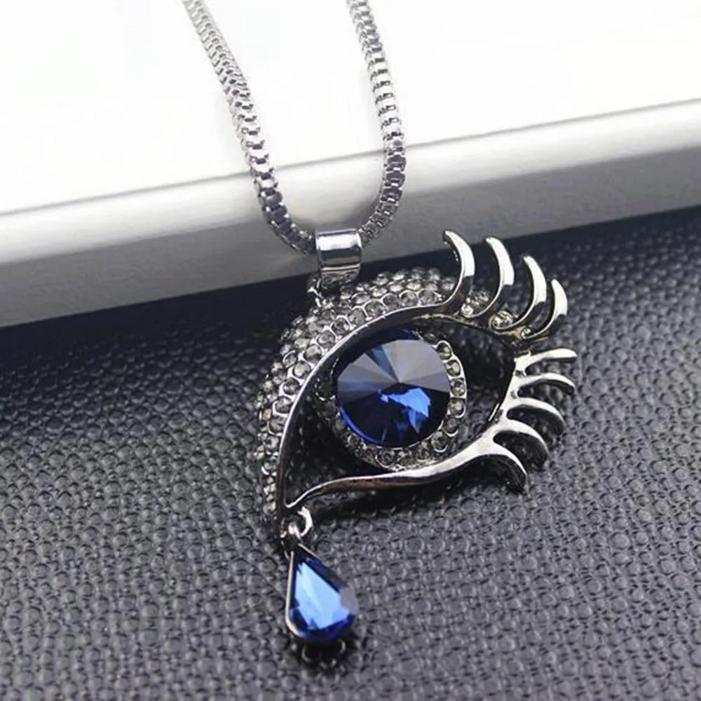 

2017 Fashion Deep Blue Evil Eye Hamsa Crystal Rhinestone Teardrop Pendant Necklace Magic Long Chain Sweater Necklace