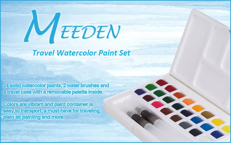 MEEDEN Artists дорожные акварельные краски в наборе полевой эскиз акварельный набор-24 цвета с 2 водные кисти и палитра смешивания