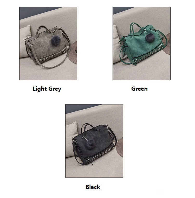 MJ Brand Design Women Handbag Fashion Suede Leather Top-Handle Bags Hair Ball Rivets Shoulder Bag Large Motorcycle Messenger Bag (1)