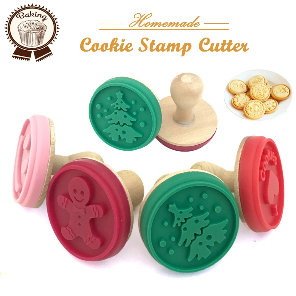 Silicone Cookie Stamp Cutter DIY Pastry Cake Cookie Seal Moulds with Wooden Handle Home Made