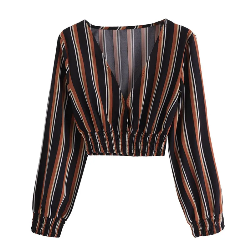 Fashion womens tops and blouses summer Autumn 2018 V Neck Long Sleeve Striped Blouse Tops Clothes Shirt camicette Y30#N  (1)