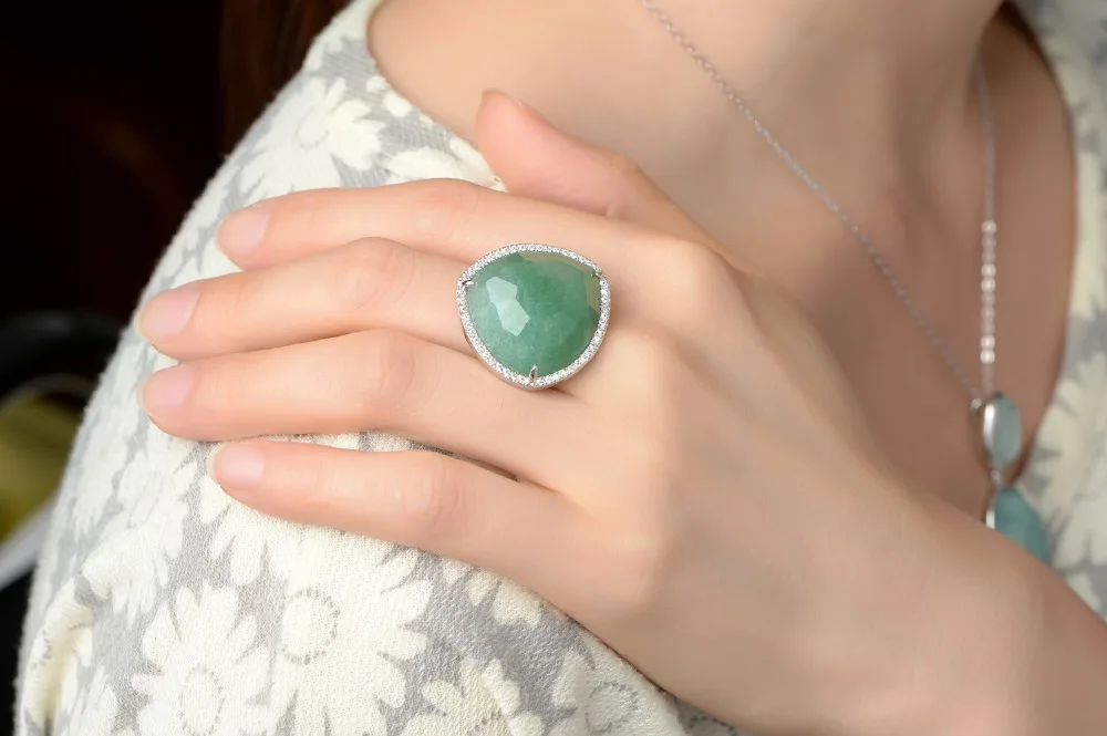 DORMITH 925 пробы серебряные кольца мечта натуральный камень зелёный авантюрин драгоценный камень кольца для женщин размер пальца rejustable