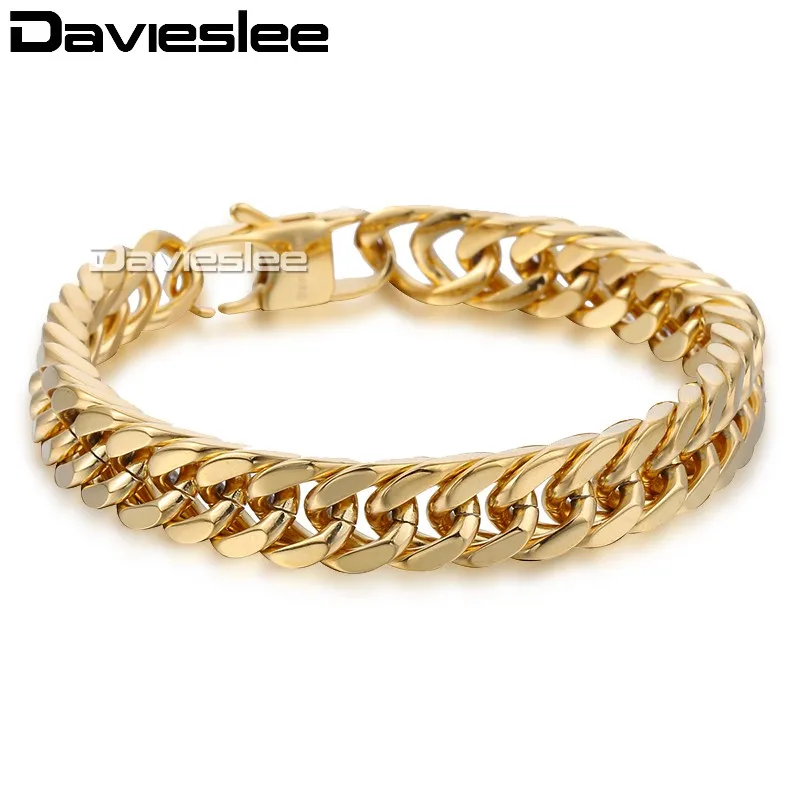 

Mens Bracelet Chain Gold Black Tone Cut Double Curb Rombo Link 316L Stainless Steel Wholesale Jewelry 10mm LHB413