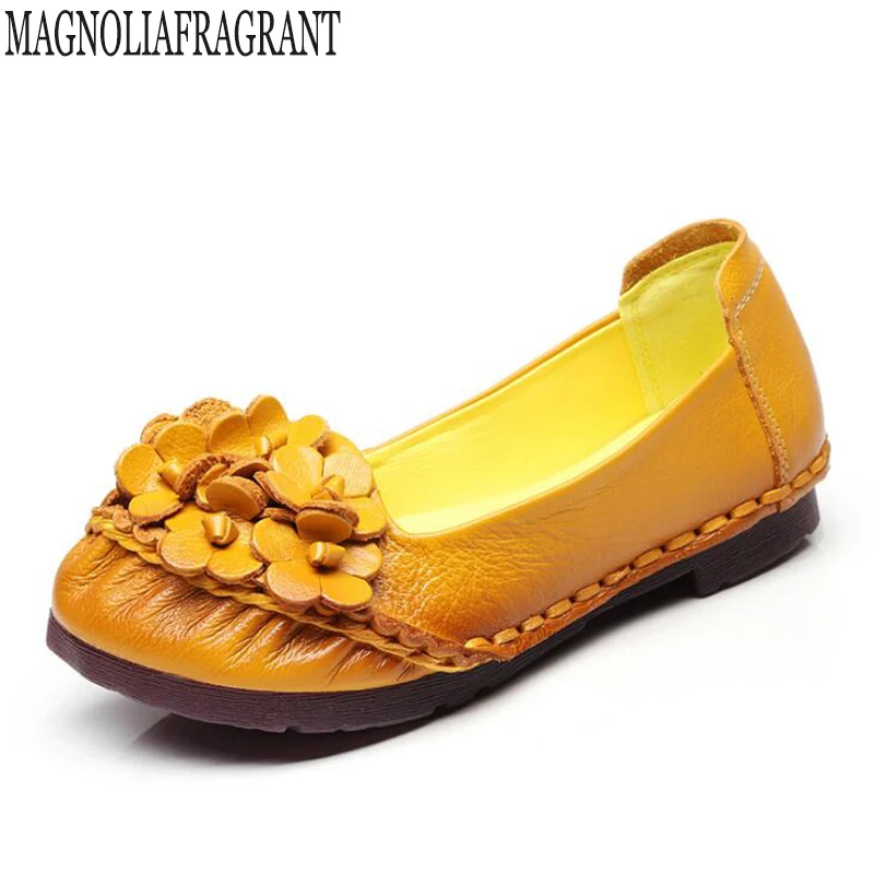 

Genuine Leather Flower Flat Shoes Plus Size Real Leather Handmade Flats Loafers Female Solid Comfortable Casual Women Shoes c169