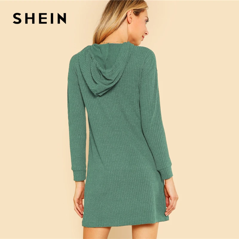 SHEIN Платье-Свитер С Капюшоном, Платье С Длинными Рукавами, Платье В Рубчик С Капюшоном