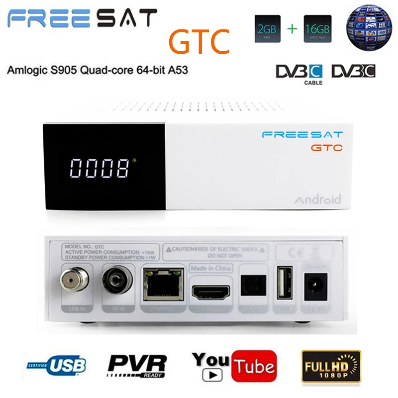 

[Genuine] Freesat GTC Android 6.0 DVB-S2 DVB-C DVB-T2 ISDB-T 2GB RAM 16GB ROM Wifi 2.4G+BT4.0 Amlogic S905D Top Set TV Box