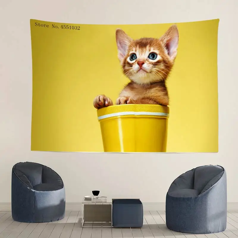 HD Cup Cute Kitten Little Cat Tapestry Home Decor Wall Hanging Tablecloth Picnic Mat Outdoor Sleeping Pad Photo Background TT80 | Дом и сад