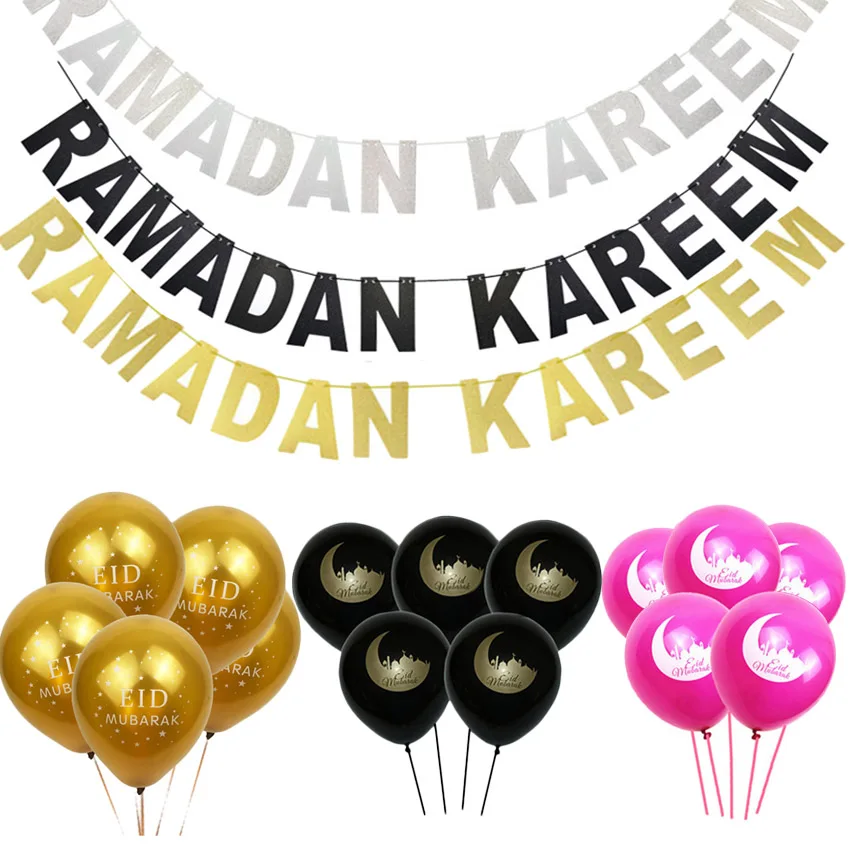 

Eid Mubarak Banner Glitter Gold String Flag EID balloon Al-Fitr Party Pennant Lesser Bairam Festival Bunting Muslim Ramadan Supp