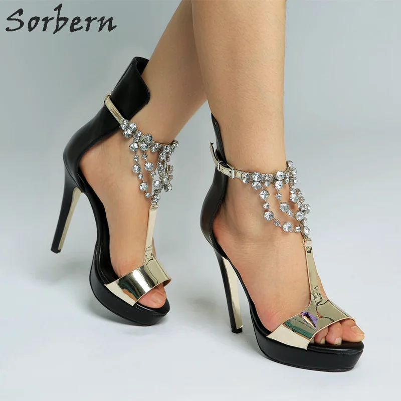 Femmes Plate T Noir Talons Cristaux Service custom 35 Bout Sandales D'été Ouvert Hauts Sorbern Taille Clairs sangle Chaussures À forme Femme Noir FSpnEx7I
