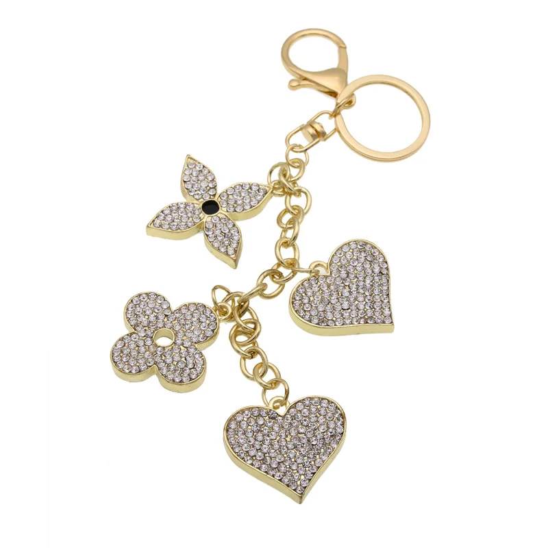 

Four Leaf and Heart Crystal Bejeweled Key Chain Car Key Ring Handbag Charm Gift for Girls