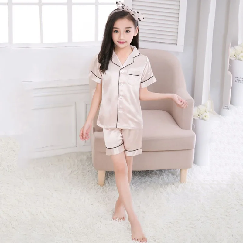 

1-5Y Girls Pyjamas Satin Nightgown Sleepwear Smooth Silk Pajamas Kid Set 2018 UK