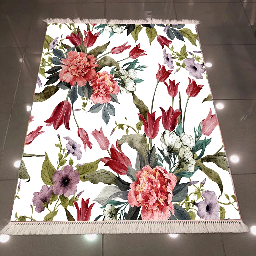 Красный, фиолетовый, с цветами и зелеными листьями, Цветочный 3d узор, принт, микроволокно, не скользит, моющийся сзади, декоративный ковер