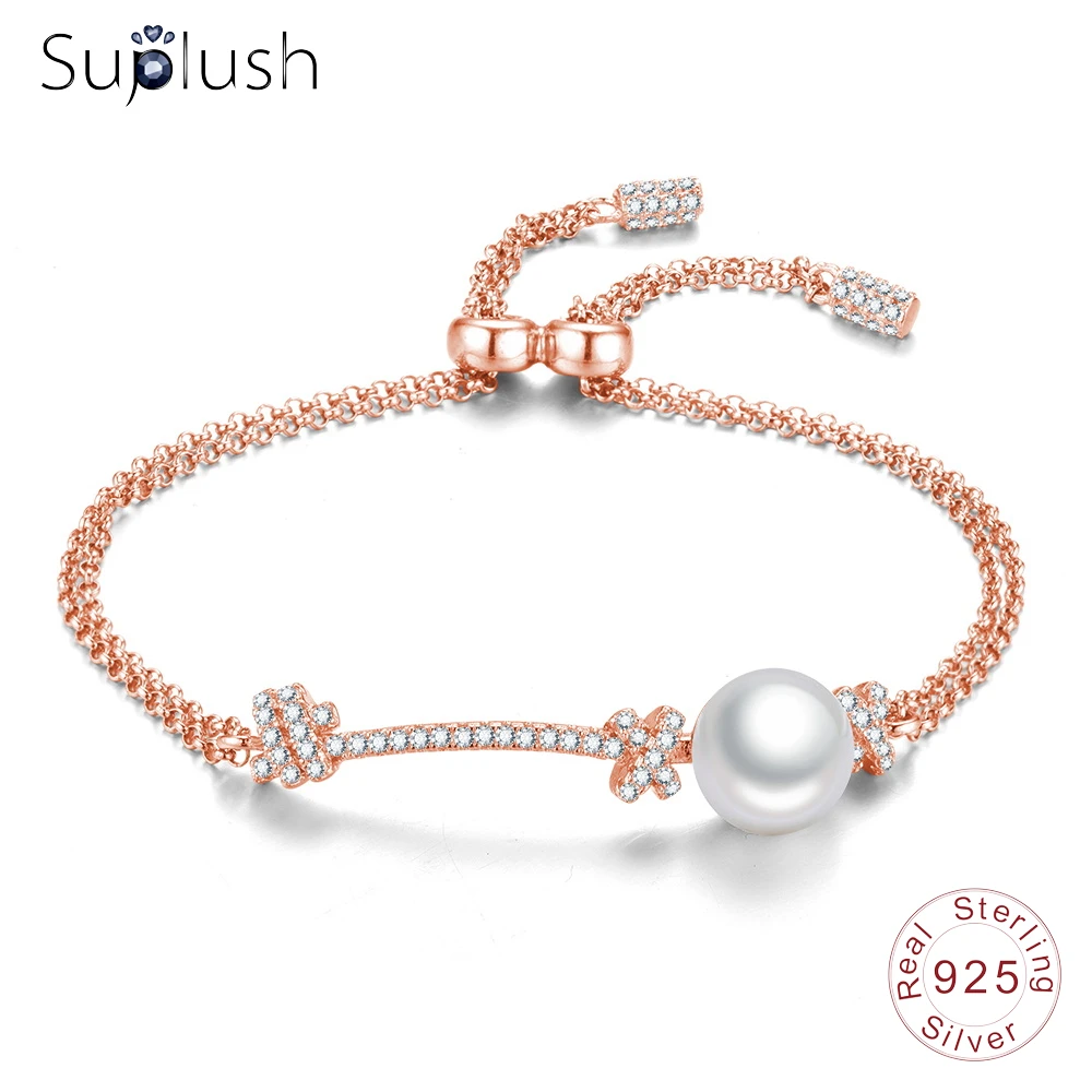 

Suplush New 925 Sterling Silver Charm Bracelets Christmas Gift For Women Brand Silver Jewelry CZ Stone Pearl Bracelet & Bangles