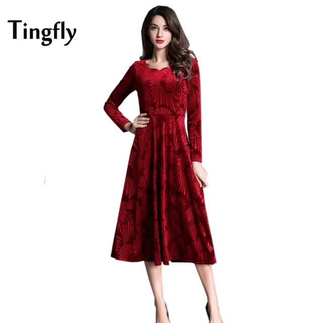 Tingfly Red Velvet Maxi Flower Dress Womens Autumn Winter Party Tingfly Red Velvet Maxi Flower Dress Womens Autumn Winter Party Dresses Long Full Sleeve Elegant Slim