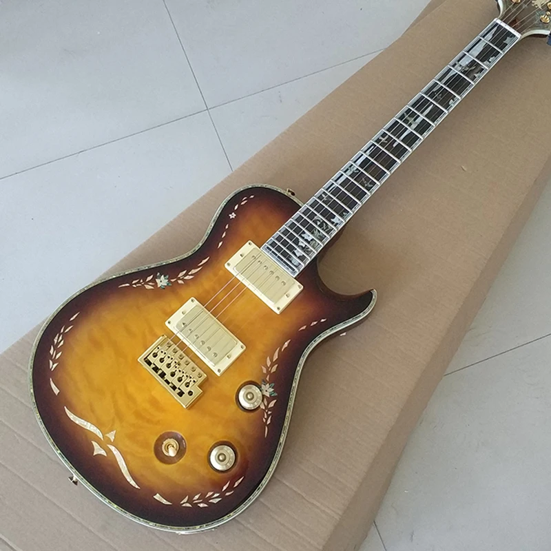 

High Quality Electric Guitar with Mother of Pearl & Abalone Inlays, Quilted maple top, Vintage Sunburst Guitarra, Wholesale
