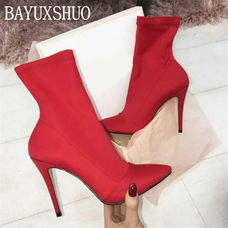 

BAYUXSHUO Women Ankle Boots Slip-On Stretch Fabric Pointed Toe High Heels Chelsea Booties Ladies Party Shoes Woman Thin Heels