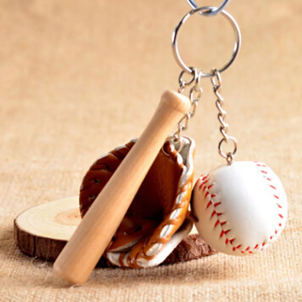 

Mini 1 pcs Baseball glove wooden bat keychain sports Car Key Chain Key Ring Gift For Man