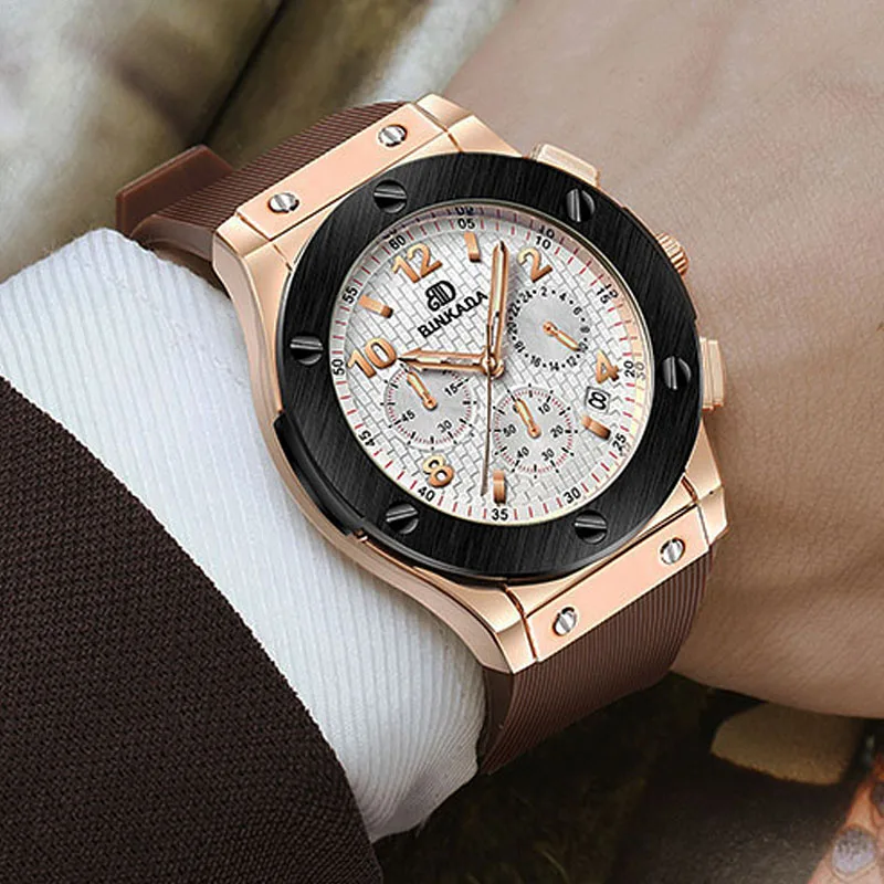 

Luxury Brand Casual Wrist Watch BINKADA Men Rubber Strap Chronograph Rose Gold Watch Men Quartz-watch Relojes