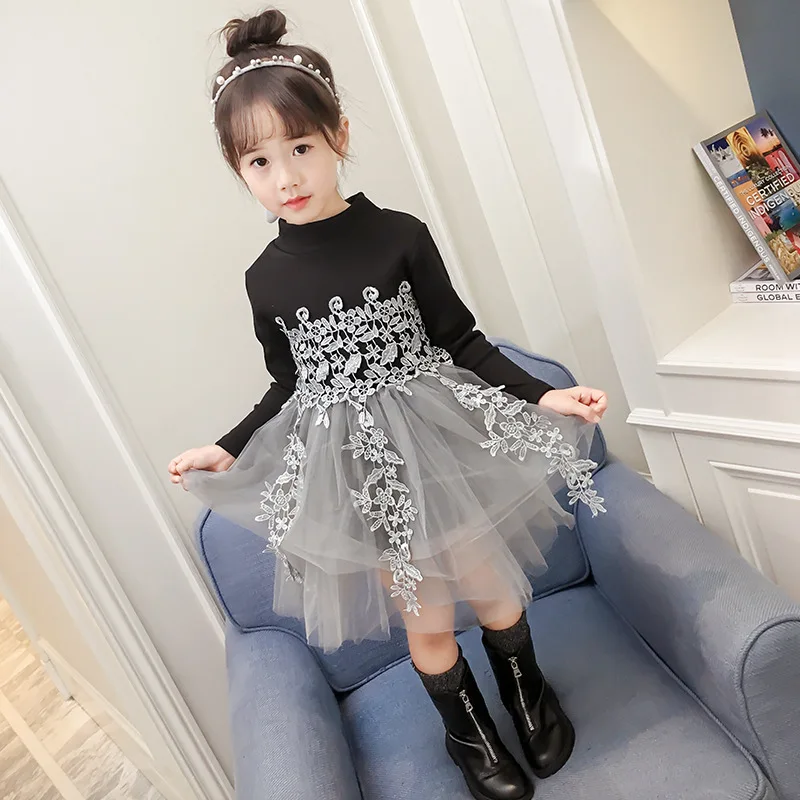 Новое платье для маленьких девочек на весну-осень, кружевное платье принцессы с длинными рукавами и цветочным декором, стильная детская
