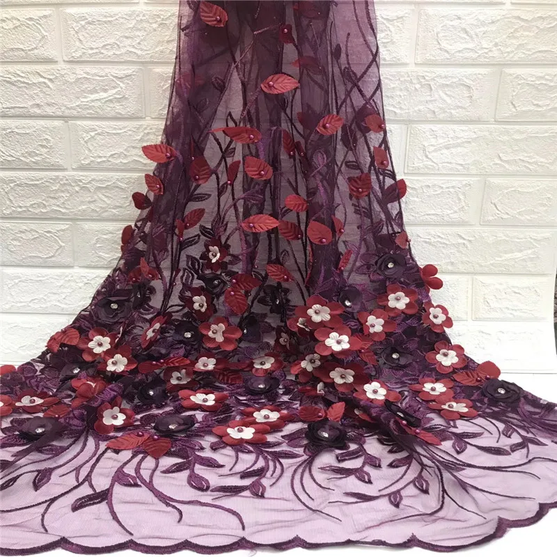 

HFX Burgundy/Wine Embroidery Nigeria Beaded Wedding Dress Lace 5 Yards Latest High Quality African Tulle Lace Fabric X1093-9