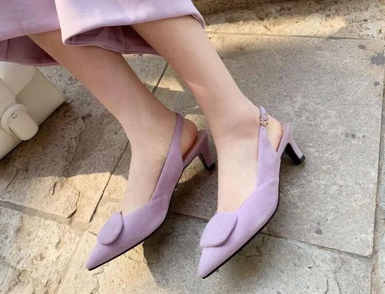

Fashion Spring Women Shoes in Pointed toe Ankle Buckle Strap with Mid High Heels For Ladies Shoe New Shallow Mouth Purple