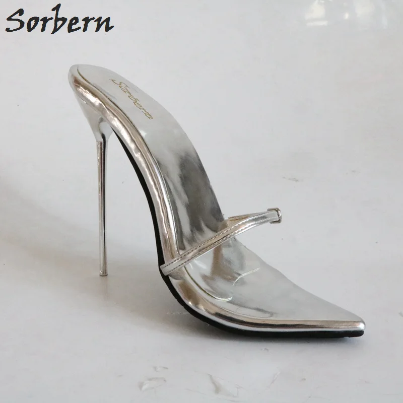 Sorbern/Новинка Серебристые шлепанцы на каблуке 12 см 14 16 женские туфли тонком